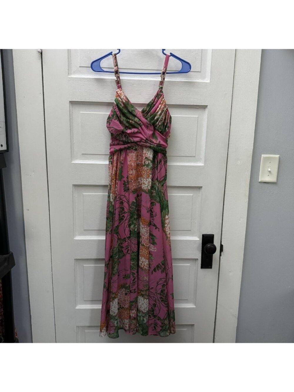 Pinko Floral Georgette Maxi Dress Pink Draped Chain Strap IT 38 US 2